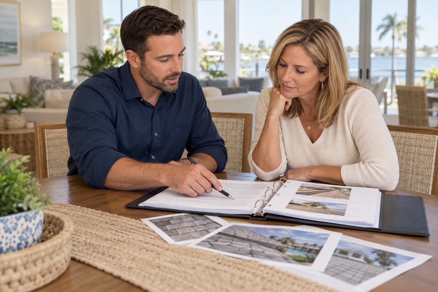 Illustrative image: A professional reviewing policy documents with a homeowner