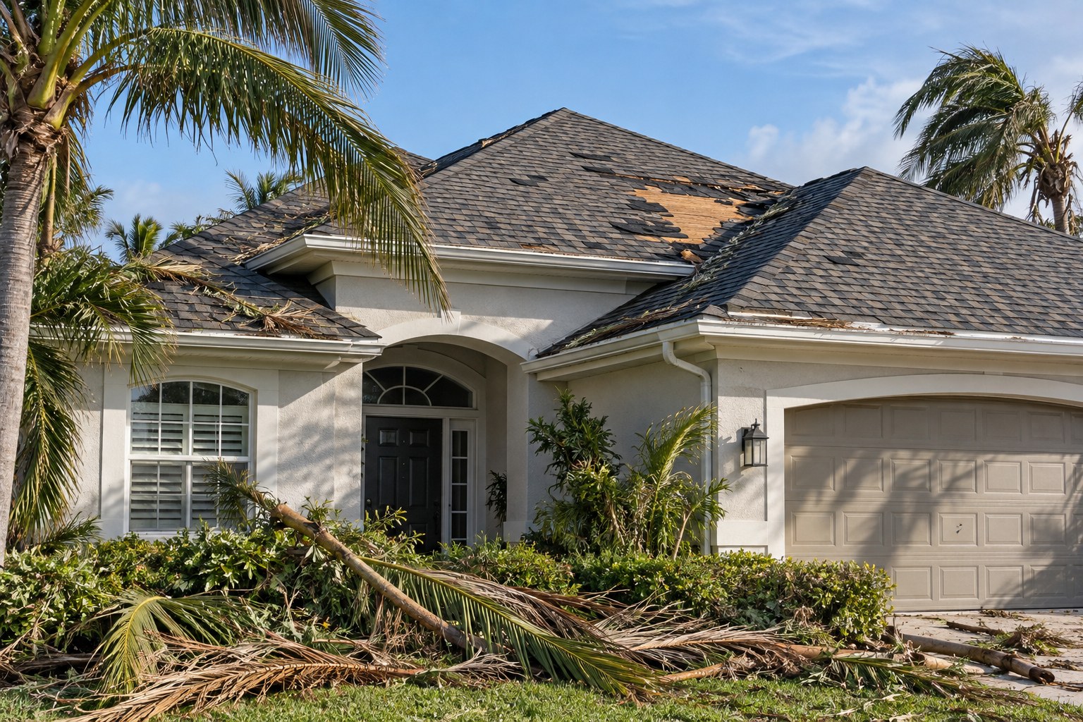 Illustrative image: A Florida house with storm damage to its roof