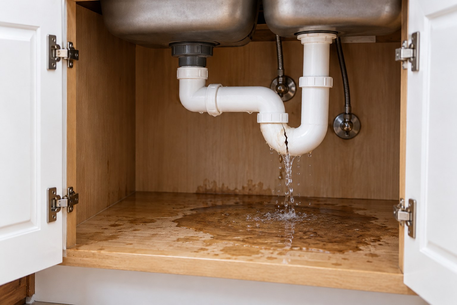 Illustrative photo of a broken pipe leaking water beneath a kitchen sink
