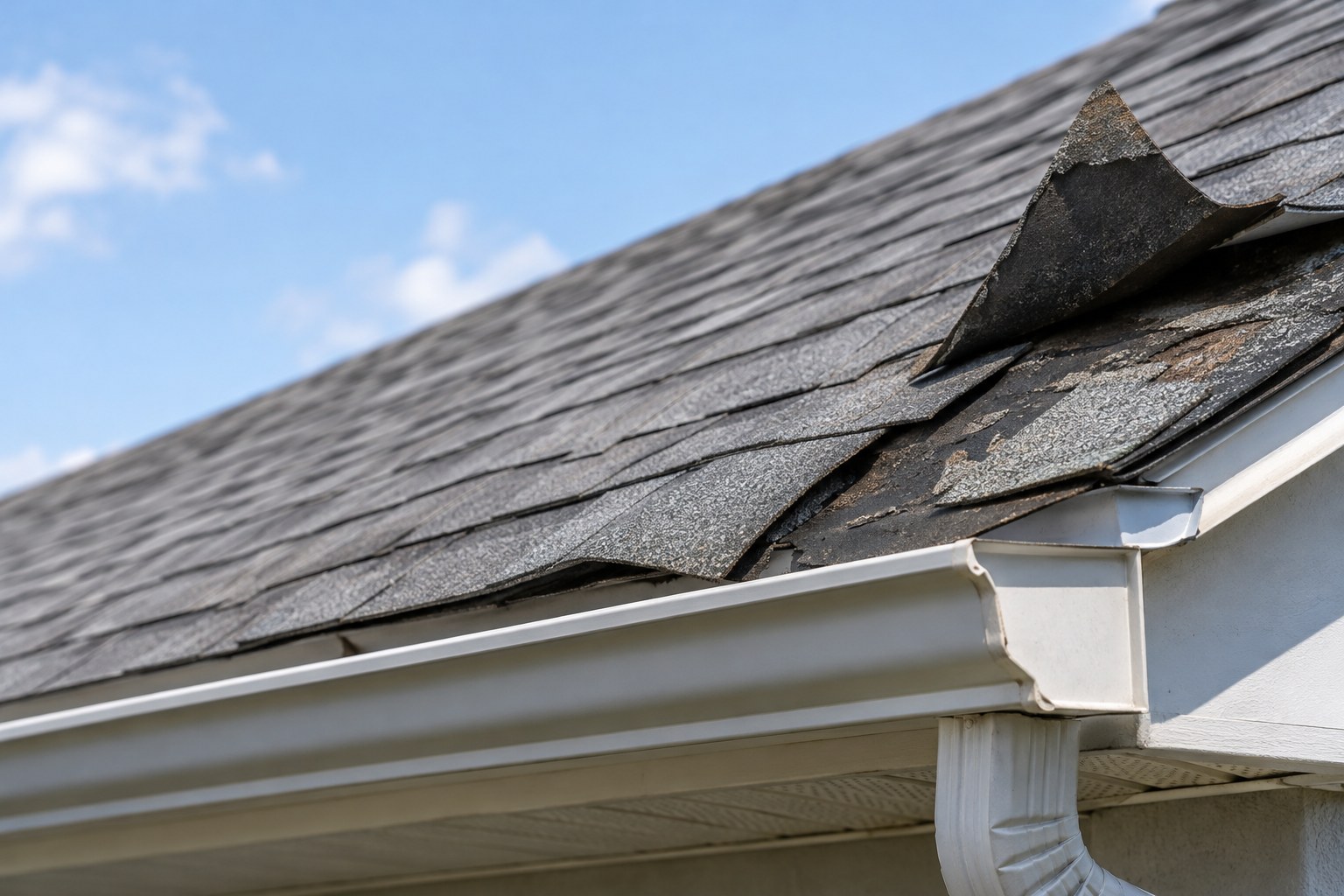 Illustrative photo of wind-damaged roof shingles
